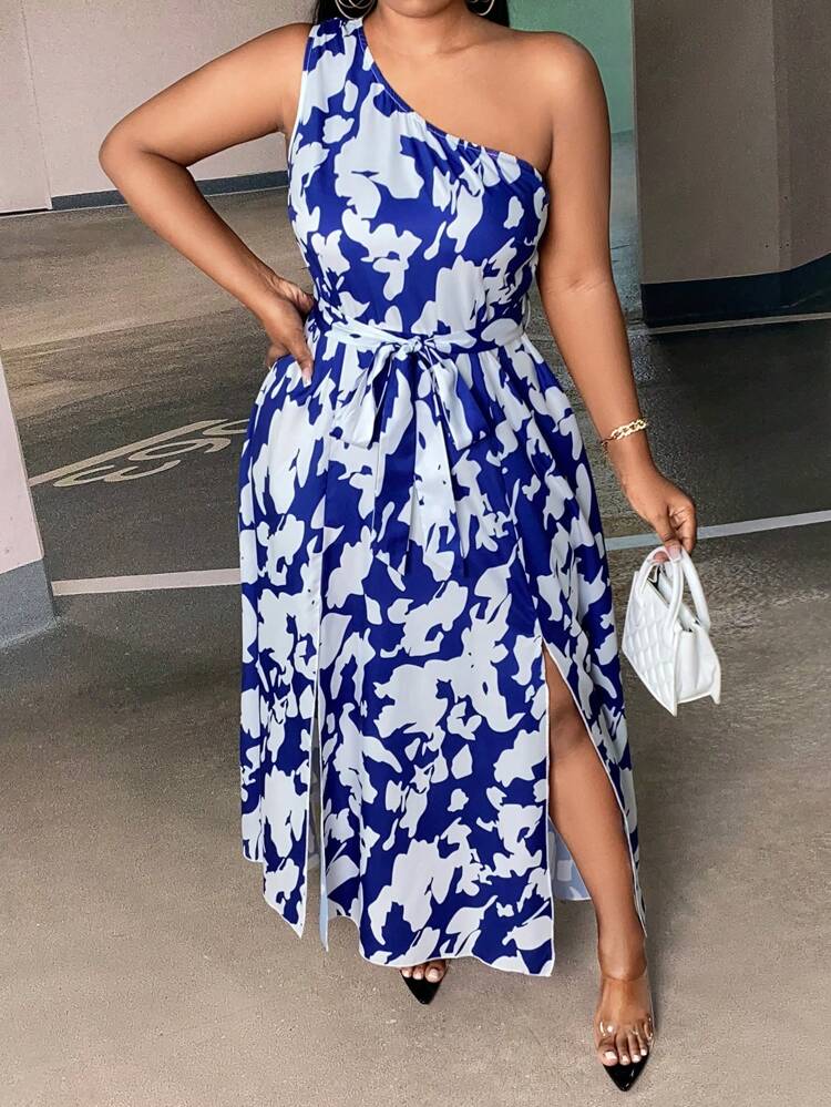 Plus Floral Print One Shoulder Split Thigh Belted Dress