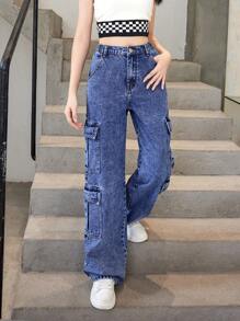 青少年女孩翻蓋口袋工裝牛仔褲 - 深色水洗藍 - 查看 3