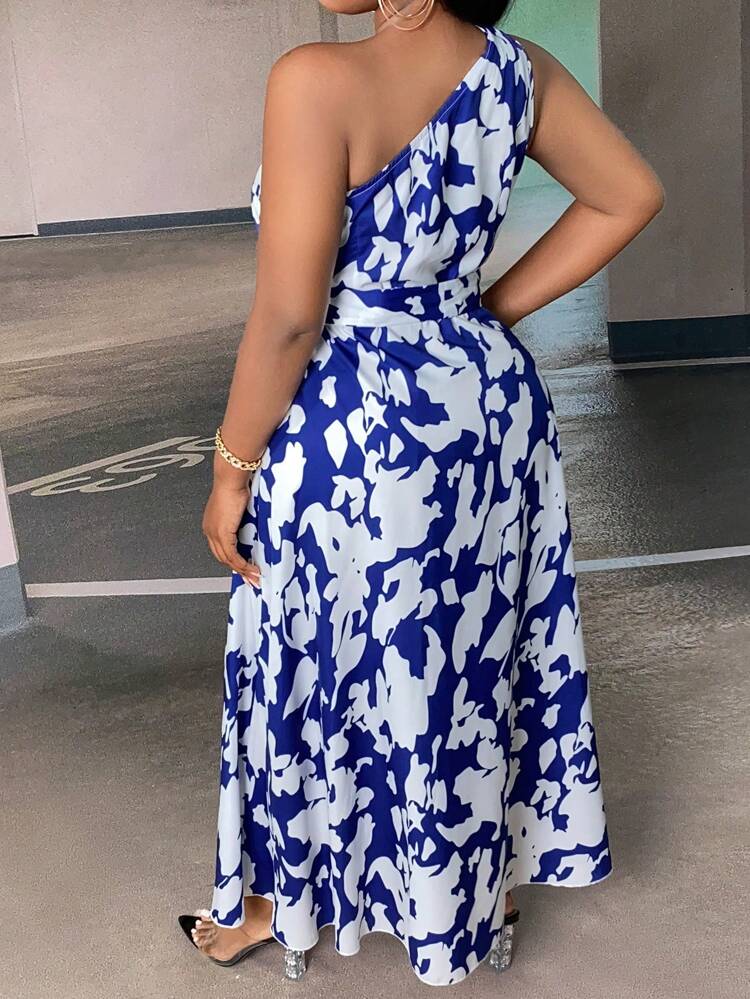 Plus Floral Print One Shoulder Split Thigh Belted Dress