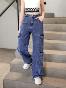 青少年女孩翻蓋口袋工裝牛仔褲 - 深色水洗藍 - 查看 4