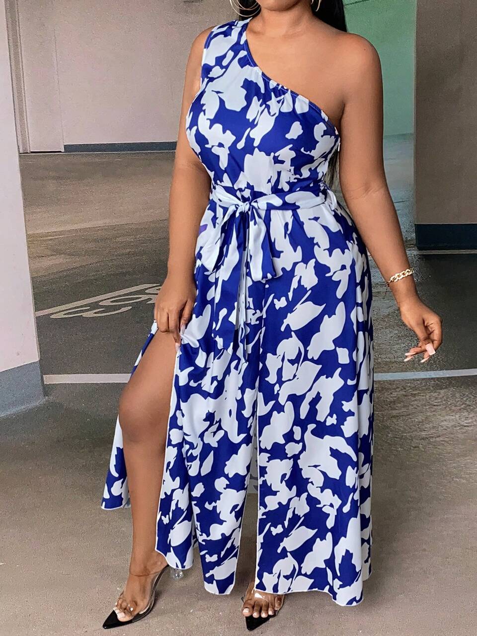 Plus Floral Print One Shoulder Split Thigh Belted Dress