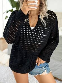 Calvaya 大碼鏤空落肩袖繫帶領網眼針織套頭毛衣 - 黑色 - 查看 1