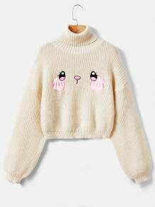 ROMWE Kawaii 卡通圖案高領落肩袖套頭毛衣 - 杏色 - 查看 1