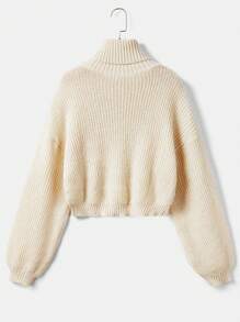 ROMWE Kawaii 卡通圖案高領落肩袖套頭毛衣 - 杏色 - 查看 2