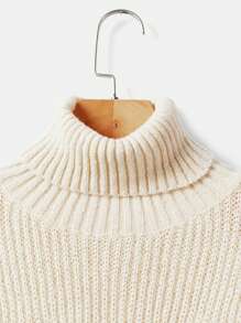 ROMWE Kawaii 卡通圖案高領落肩袖套頭毛衣 - 杏色 - 查看 3