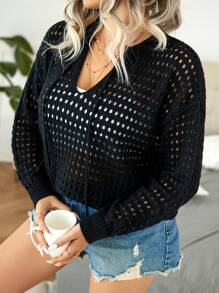 Calvaya 大碼鏤空落肩袖繫帶領網眼針織套頭毛衣 - 黑色 - 查看 6