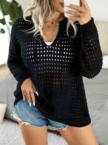 Calvaya 大碼鏤空落肩袖繫帶領網眼針織套頭毛衣 - 黑色 - 查看 5