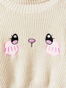 ROMWE Kawaii 卡通圖案高領落肩袖套頭毛衣 - 杏色 - 查看 4