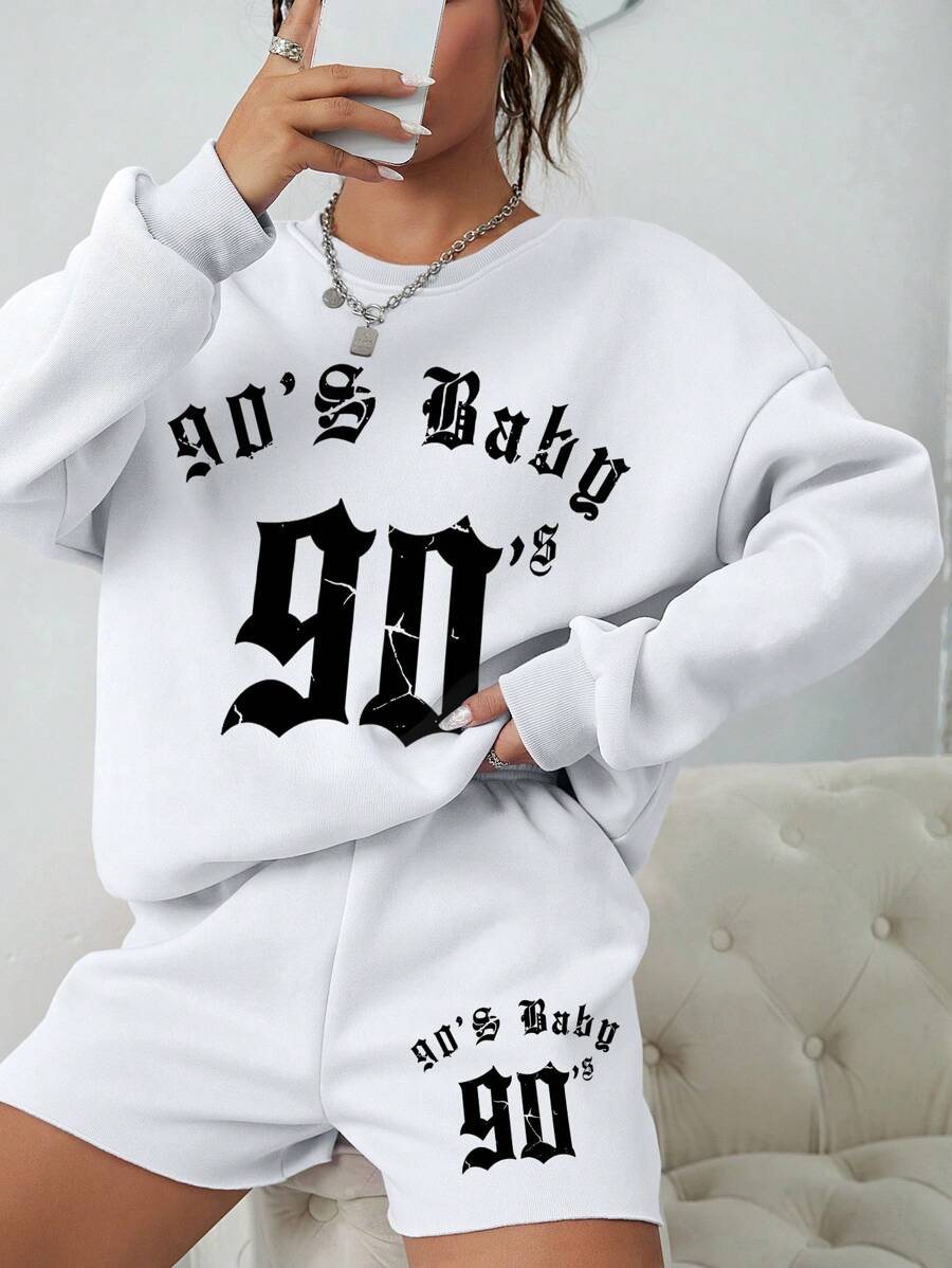 INAWLY Đồ họa Chữ cái Thả vai Áo thể thao và quần đùi - trắng - Xem 1