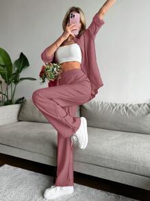 EURMUSE Solid Button Front Shirt & Shirred Waist Trousers - Dusty Pink - View 1