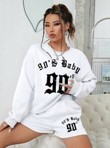 INAWLY Đồ họa Chữ cái Thả vai Áo thể thao và quần đùi - trắng - Xem 3