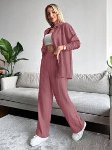 EURMUSE Solid Button Front Shirt & Shirred Waist Trousers - Dusty Pink - View 3