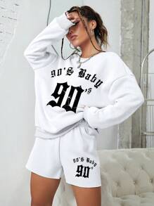 INAWLY Đồ họa Chữ cái Thả vai Áo thể thao và quần đùi - trắng - Xem 4