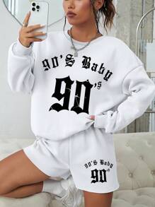 INAWLY Đồ họa Chữ cái Thả vai Áo thể thao và quần đùi - trắng - Xem 5