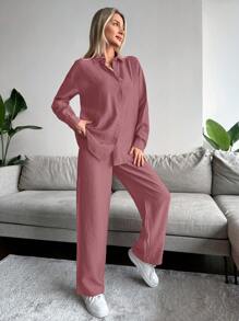 EURMUSE Solid Button Front Shirt & Shirred Waist Trousers - Dusty Pink - View 4