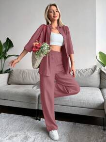 EURMUSE Solid Button Front Shirt & Shirred Waist Trousers - Dusty Pink - View 6