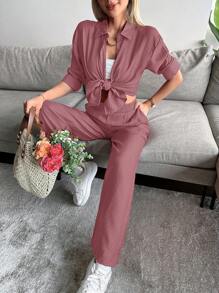 EURMUSE Solid Button Front Shirt & Shirred Waist Trousers - Dusty Pink - View 7