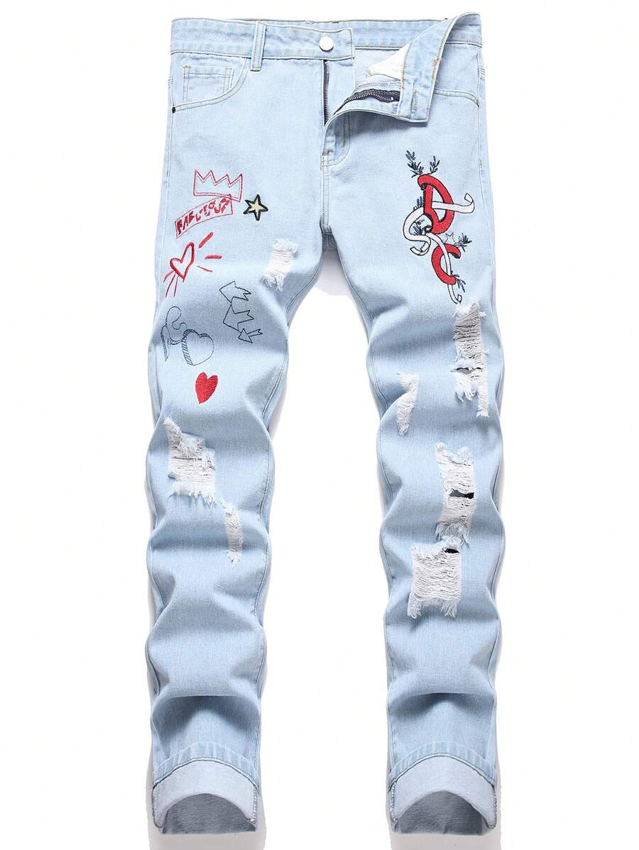 Men Letter & Heart Print Ripped Jeans - Light Wash - View 1