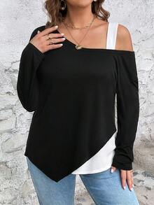 SHEIN LUNE 大碼雙色不對稱領T恤 - 黑色 - 查看 3