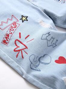 Men Letter & Heart Print Ripped Jeans - Light Wash - View 8