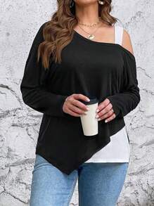 SHEIN LUNE 大碼雙色不對稱領T恤 - 黑色 - 查看 1