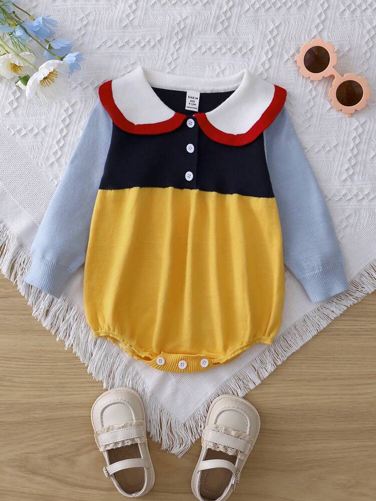 Baby Girl Colorblock Peter Pan Collar Button Front Knit Bodysuit