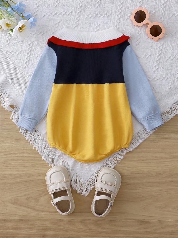 Baby Girl Colorblock Peter Pan Collar Button Front Knit Bodysuit