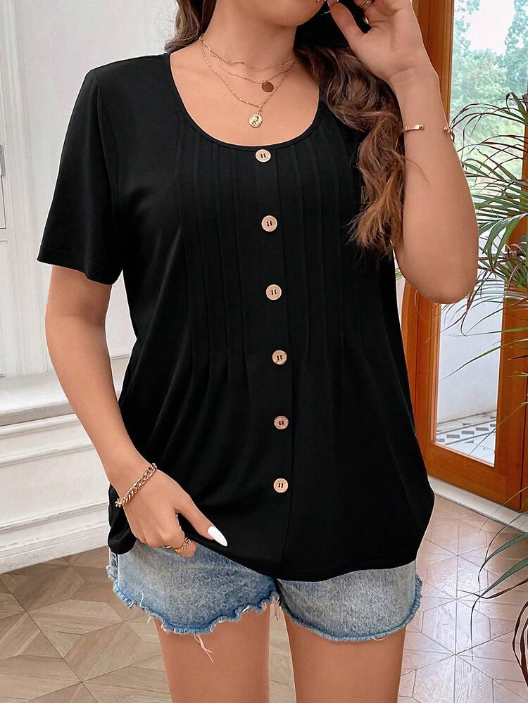 SHEIN LUNE Plus Press Crease Button Front Tee - Black - View 5