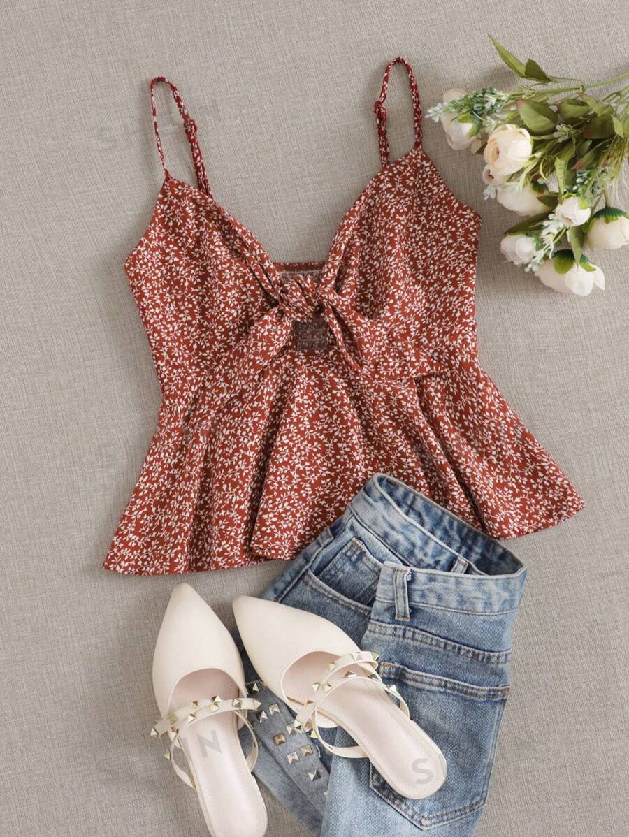 Soleia Wywh Urlaub Ditsy Floral Self-tie Cami Peplum Rotes Top - Rotbraun - Übersicht 1