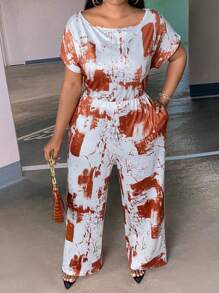 Slaydiva Talla grande Mono de pierna ancha con estampado de dibujo de manga murciélago - Marrón - Ver 3