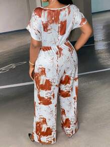 Slaydiva Talla grande Mono de pierna ancha con estampado de dibujo de manga murciélago - Marrón - Ver 2