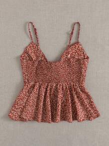 Soleia WYWH Vacation Ditsy Floral Self-Tie Cami Peplum Red Top