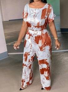 Slaydiva Talla grande Mono de pierna ancha con estampado de dibujo de manga murciélago - Marrón - Ver 4