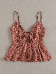Soleia WYWH Vacation Ditsy Floral Self-Tie Cami Peplum Red Top