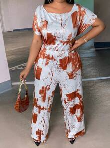 Slaydiva Talla grande Mono de pierna ancha con estampado de dibujo de manga murciélago - Marrón - Ver 5