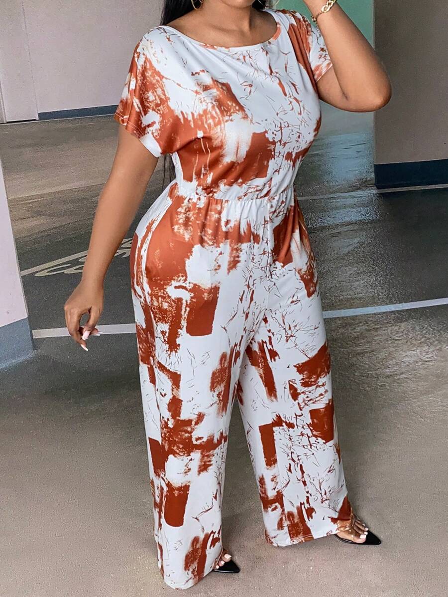 Slaydiva Talla grande Mono de pierna ancha con estampado de dibujo de manga murciélago - Marrón - Ver 1