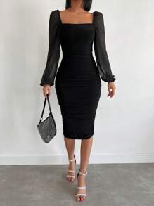 EURMUSE Square Neck Lantern Sleeve Ruched Bodycon Dress - Black - View 1