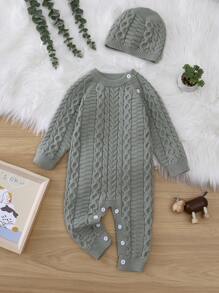Baby Mädchen Knopf Detail, Zopfstrick Jumpsuit mit & Hut - Olivgrün - Übersicht 1