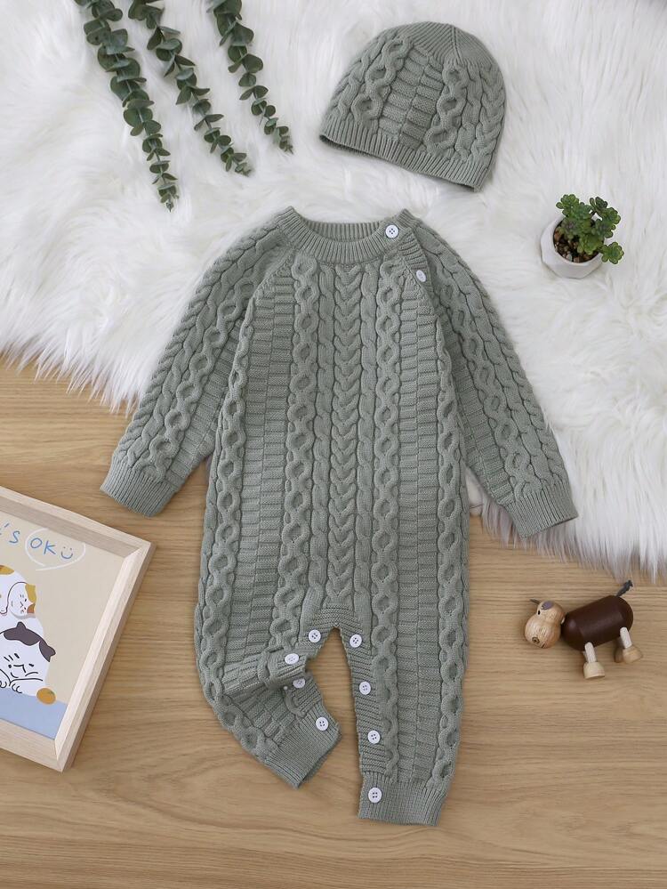 Baby Girl Button Detail Cable Knit Jumpsuit & Hat
