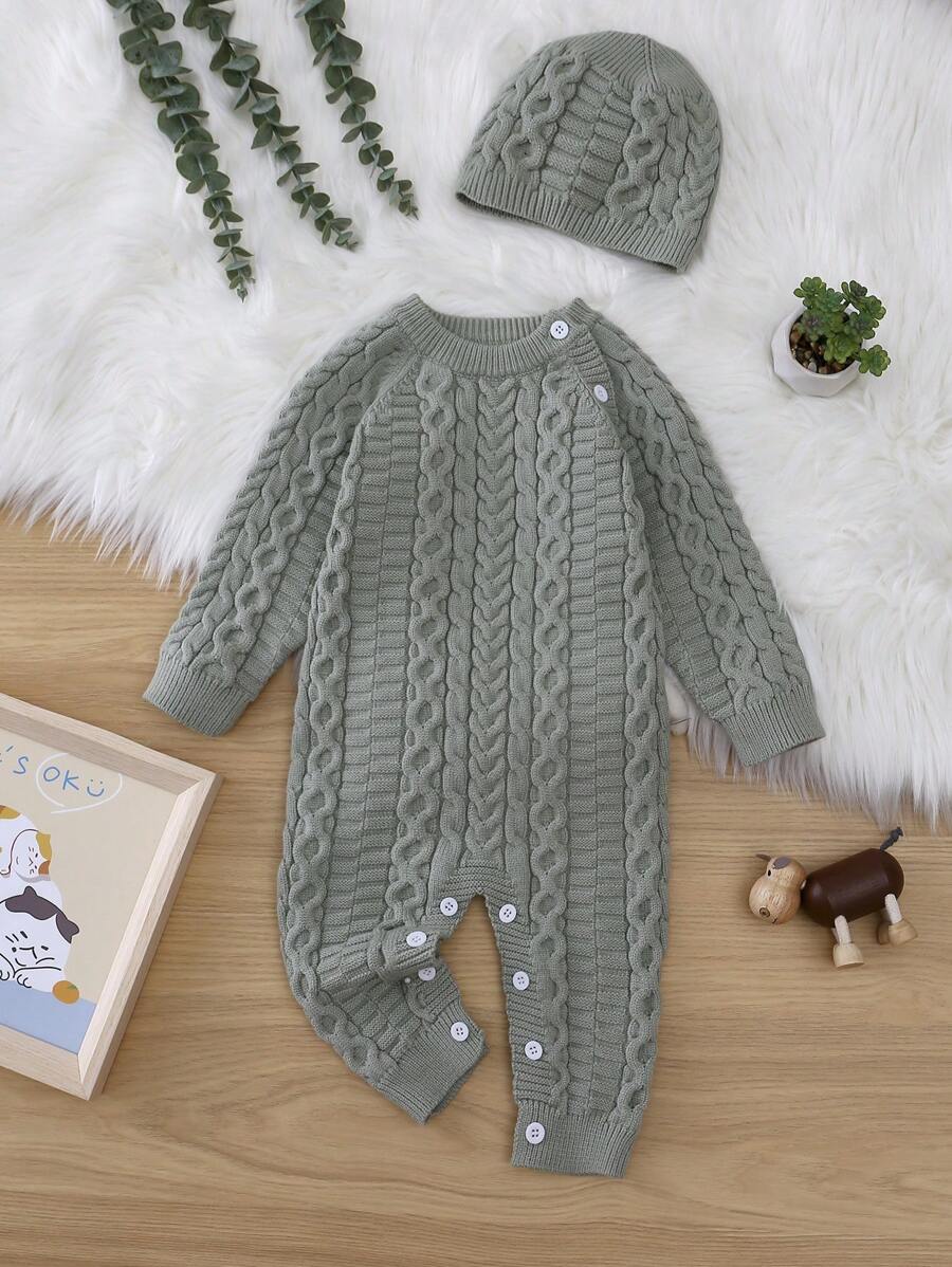 Baby Mädchen Knopf Detail, Zopfstrick Jumpsuit mit & Hut - Olivgrün - Übersicht 1
