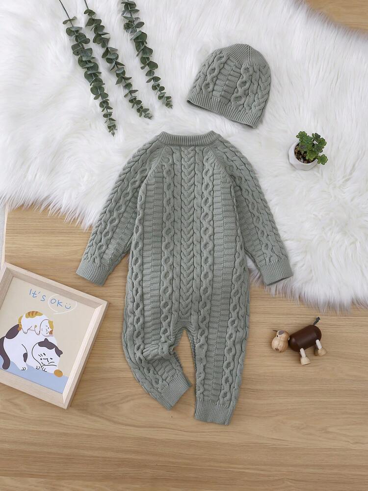 Baby Girl Button Detail Cable Knit Jumpsuit & Hat