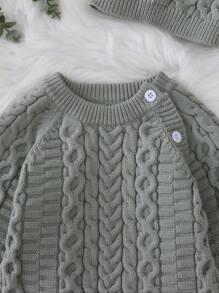 Baby Mädchen Knopf Detail, Zopfstrick Jumpsuit mit & Hut - Olivgrün - Übersicht 5