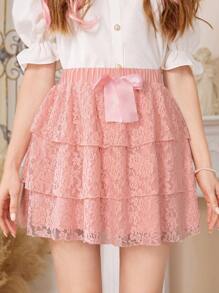 ROMWE Kawaii Bow Front Lace Overlay Skirt - Watermelon Pink - View 1