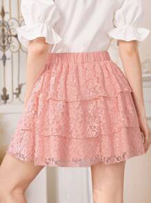ROMWE Kawaii Bow Front Lace Overlay Skirt - Watermelon Pink - View 2