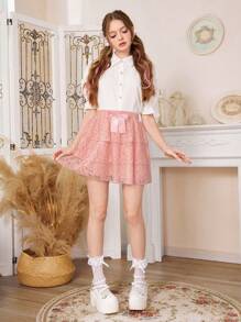 ROMWE Kawaii Bow Front Lace Overlay Skirt - Watermelon Pink - View 3