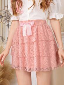 ROMWE Kawaii Bow Front Lace Overlay Skirt - Watermelon Pink - View 4
