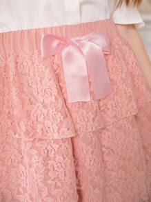 ROMWE Kawaii Bow Front Lace Overlay Skirt - Watermelon Pink - View 5
