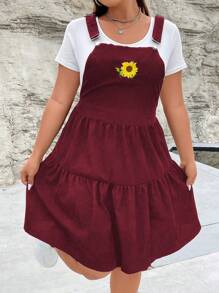 SHEIN Qutie Talla grande Vestido overol con bordado de girasol bajo con fruncido de pana sin camiseta - Burdeos - Ver 3