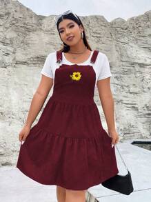 SHEIN Qutie Talla grande Vestido overol con bordado de girasol bajo con fruncido de pana sin camiseta - Burdeos - Ver 7