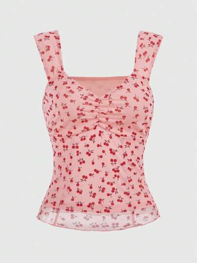 Kawaii Top de tirantes con estampado de cereza fruncido de malla